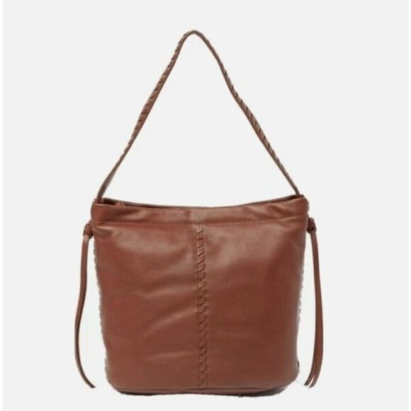 Kooba Limon Leather Woven Braided Accent Plaid Lined Hobo Shoulder Bag Brown - Picture 5 of 13